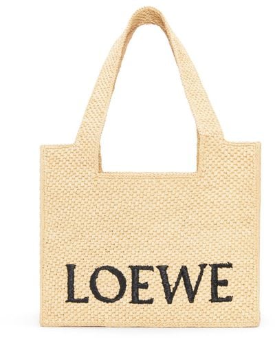 Loewe Luxury Medium Font Tote In Raffia - Metallic