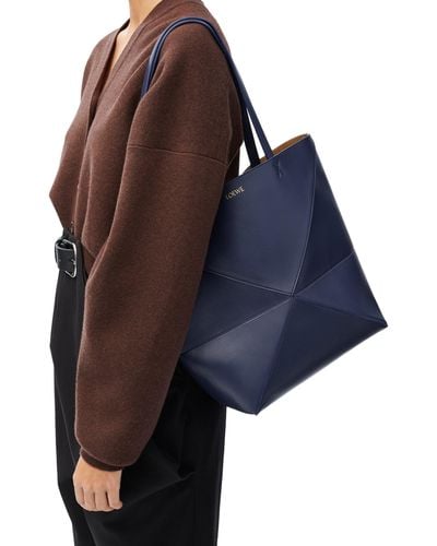 Loewe Luxury Puzzle Fold Tote In Shiny Calfskin - Blue