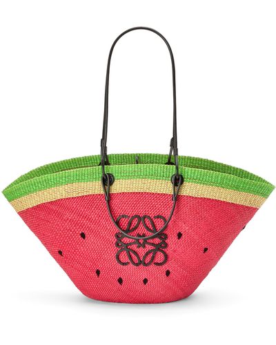 Loewe Luxury Large Watermelon Basket Bag In Iraca Palm And Calfskin For Women - Red