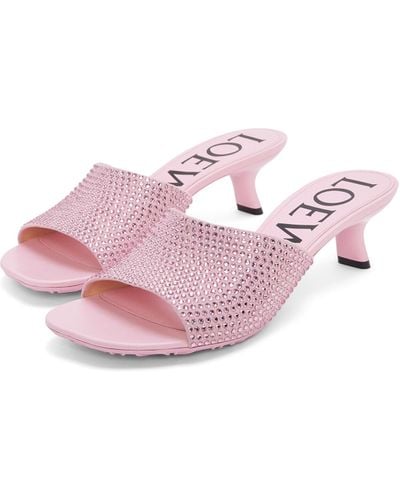 Loewe Luxury Petal Kitten Heel Slide In Suede And Allover Rhinestones - Pink