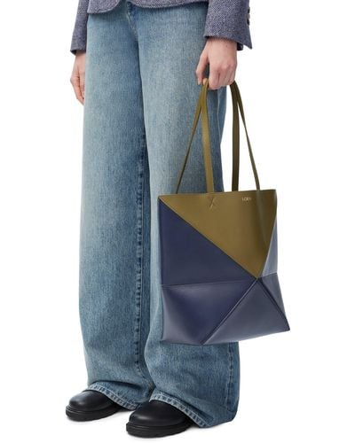 Loewe Luxury Puzzle Fold Tote In Shiny Calfskin - Blue