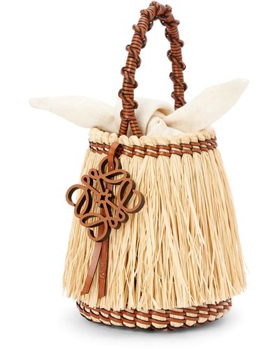 Loewe Luxury Small Frayed Bucket Bag In Raffia And Calfskin For Women - Multicolor