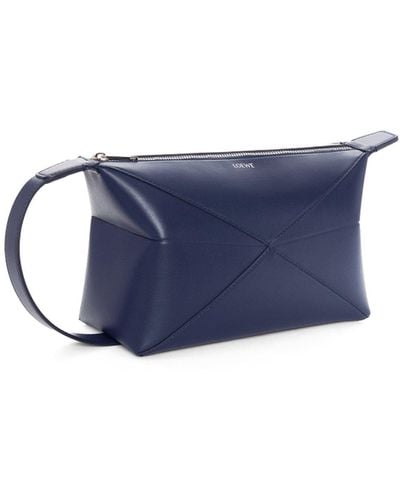 Loewe Luxury Puzzle Fold Wash Bag In Shiny Calfskin - Blue