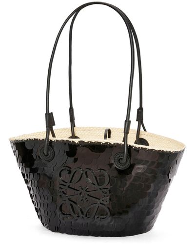 Loewe Luxury Small Anagram Basket In Sequinned Iraca Palm And Calfskin - Black