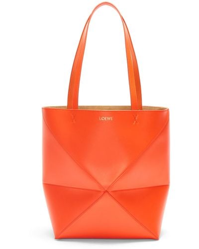 Loewe Luxury Puzzle Fold Tote In Shiny Calfskin - Orange