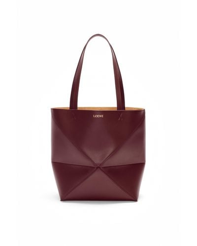Loewe Luxury Puzzle Fold Tote In Shiny Calfskin - Red
