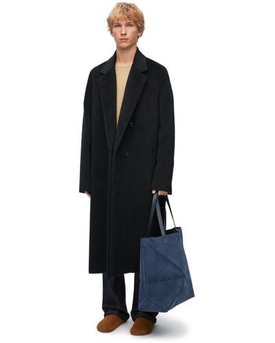 Loewe Double Breasted Coat In Lama And Wool - Blue