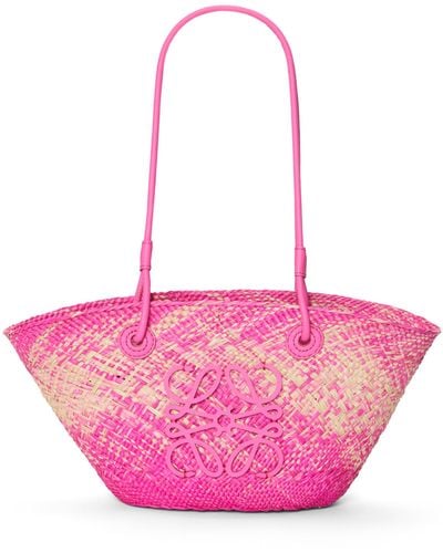 Loewe Small Anagram Basket Bag In Iraca Palm And Calfskin - Pink