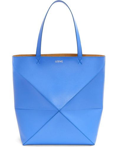 Loewe Luxury Large Puzzle Fold Tote In Shiny Calfskin - Blue
