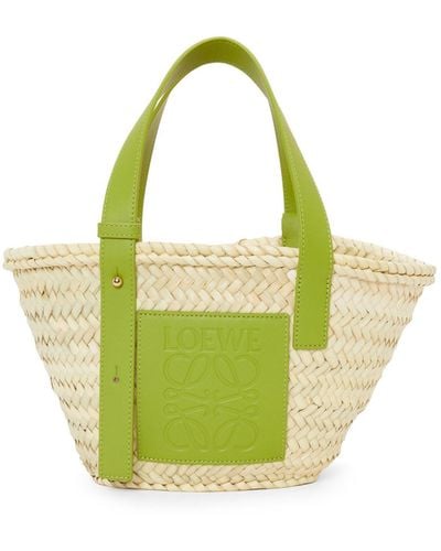 Loewe Small Basket Bag In Palm Leaf And Calfskin - Green