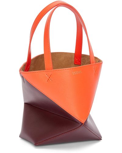 Loewe Luxury Mini Puzzle Fold Tote In Shiny Calfskin - Red