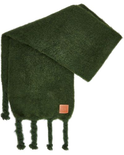 Loewe Brand-patch Fringed Wool-blend Scarf - Green