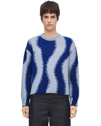 Loewe Striped-pattern Round-neck Wool-blend Knitted Sweater - Blue