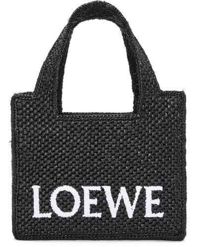Loewe Mini Font Tote In Raffia - Black