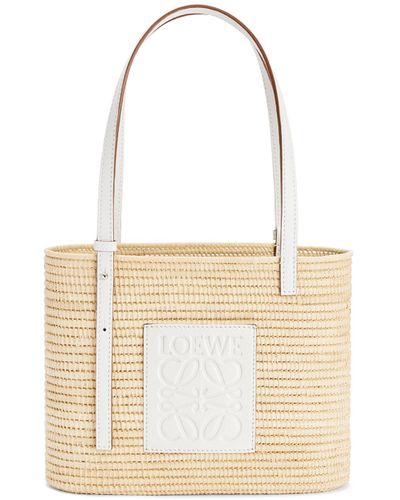 Loewe Square Small Raffia And Leather Basket Bag - White