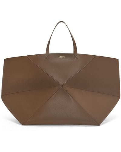 Loewe Xxl Puzzle Fold Tote In Shiny Calfskin - Brown