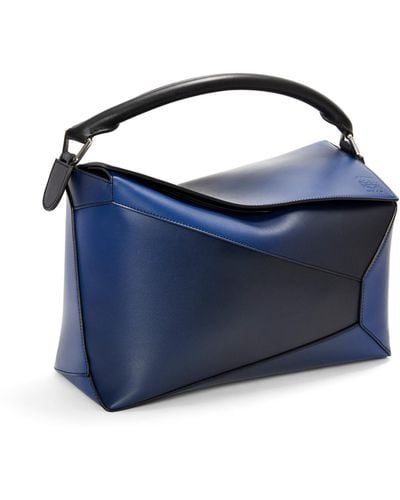 Loewe Large Puzzle Bag In Silk Calfskin - Blue