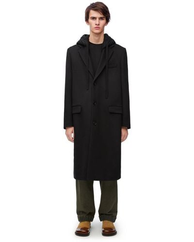 Loewe Hooded Coat In Wool And Cashmere - Black