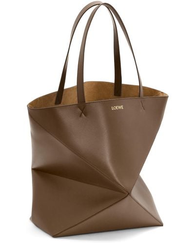 Loewe Luxury Xl Puzzle Fold Tote In Shiny Calfskin - Brown