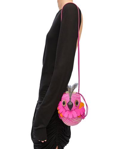 Loewe Luxury Bird Bag In Iraca Palm And Calfskin - Pink