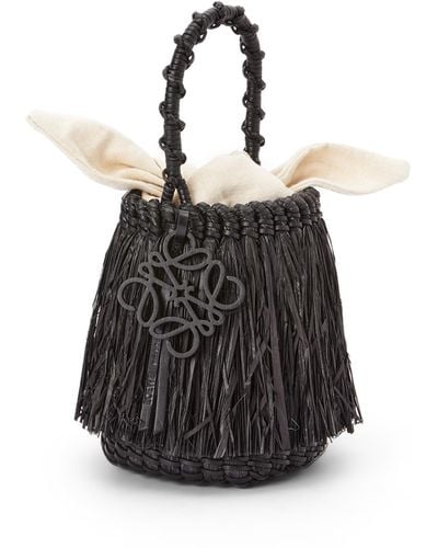 Loewe Luxury Small Frayed Bucket Bag In Raffia And Calfskin For Women - Black