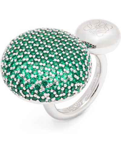 Loewe Luxury Anagram Pebble Ring In Sterling Silver And Crystals For - Green