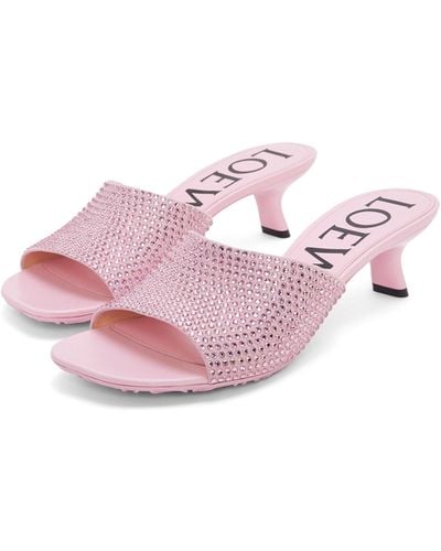 Loewe Luxury Petal Kitten Heel Slide In Suede And Allover Rhinestones - Pink