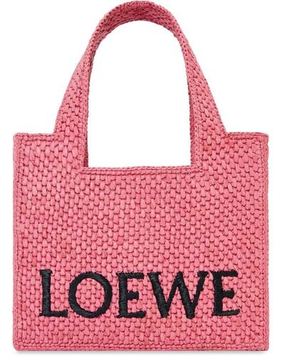 Loewe Mini Font Tote In Raffia - Pink