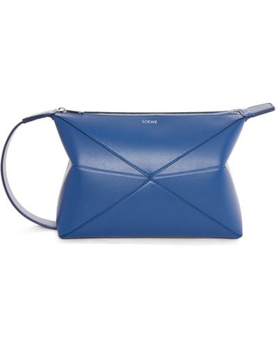 Loewe Puzzle Fold Wash Bag In Shiny Calfskin - Blue
