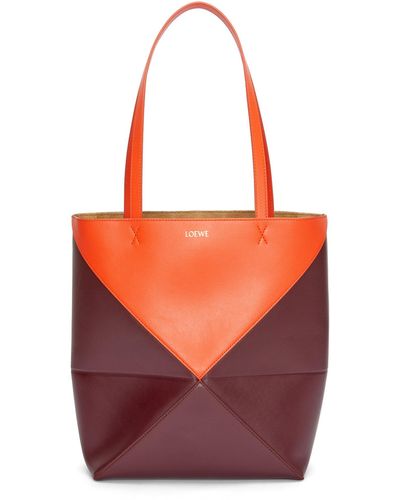 Loewe Puzzle Fold Tote In Shiny Calfskin - Red