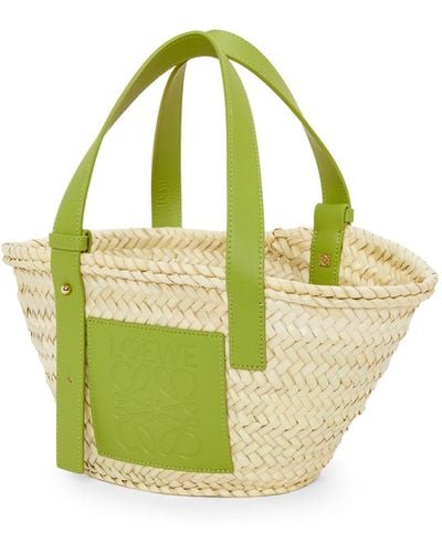 Loewe Small Basket Bag In Palm Leaf And Calfskin - Green