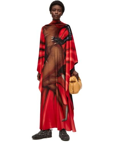 Loewe Luxury Body Print Kaftan Dress In Velvet For Women - Red