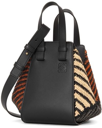 Loewe Luxury Compact Hammock Bag In Raffia And Calfskin - Black