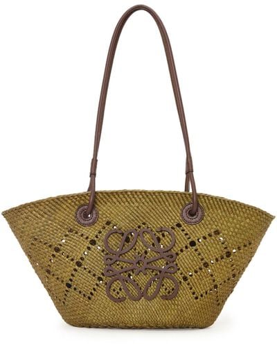 Loewe Small Anagram Basket Bag In Raffia And Calfskin - Metallic
