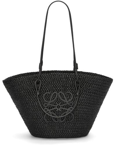Loewe Anagram Basket Bag In Raffia And Calfskin - Black