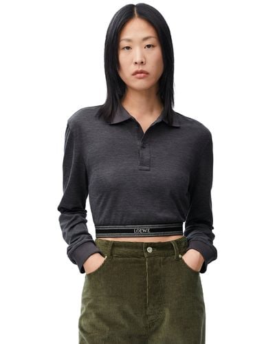 Loewe Luxury Long Sleeve Cropped Polo In Silk And Cotton - Black