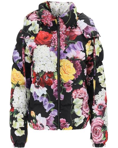 Dolce & Gabbana Short Hooded Puffer Jacket With Hydrangea And Flower Print - Multicolor
