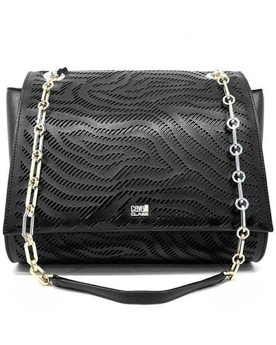 Class Roberto Cavalli Elegant Perforated Calfskin Shoulder Bag - Black