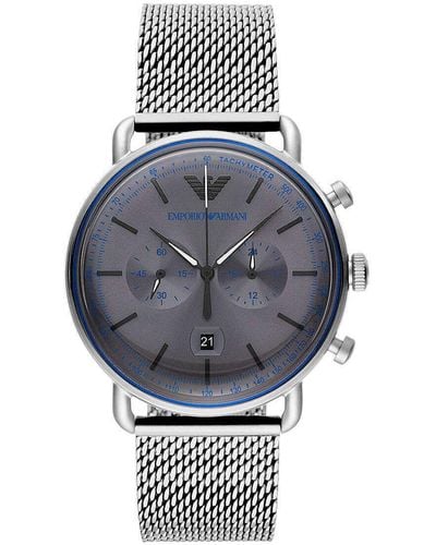 Emporio Armani Silver Steel Chronograph Watch in Blue for Men | Lyst