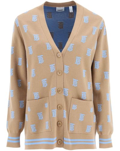 Burberry Wool And Silk Blend Oversized Cardigan With Monogram - Blue