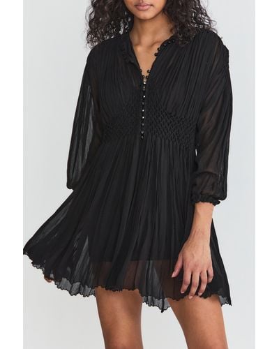 LoveShackFancy Belinda Smocked Mini Long Sleeve Dress - Black