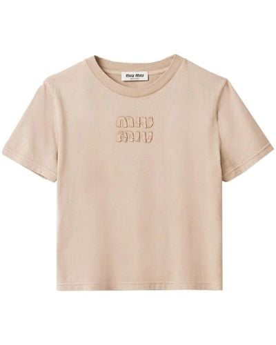 Miu Miu T-Shirt In Jersey Tinto Capo Con Logo Ricamato - Neutro
