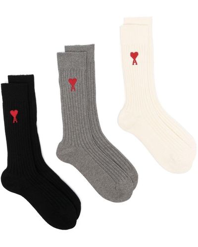 Ami Paris Logo-embroidered Socks (set Of Three) - White