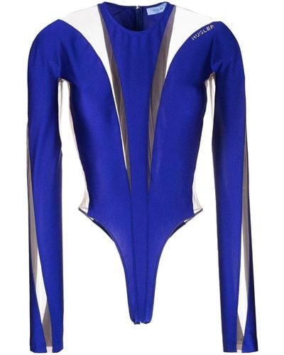 Mugler Long Sleeve Bodysuit With Sheer Panels - Blue