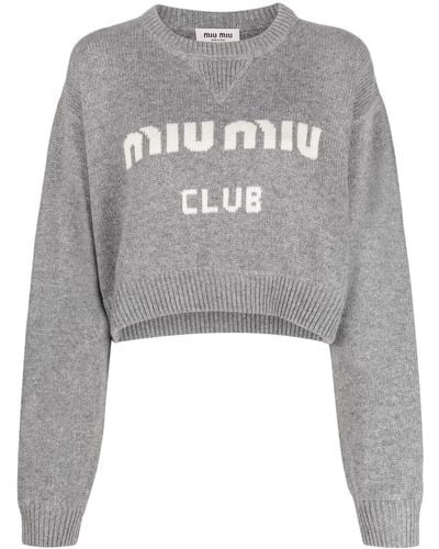 Miu Miu Logo Print Cashmere Cropped Sweater - Gray