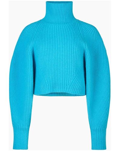 Nina Ricci Cashemere Turtle Neck Cropped Puff Sleeve Sweater - Blue