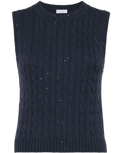 Brunello Cucinelli Sequinned Cable-Knit Top - Blue