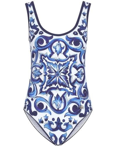 Dolce & Gabbana Majolica-print Racerback Swimsuit - Blue