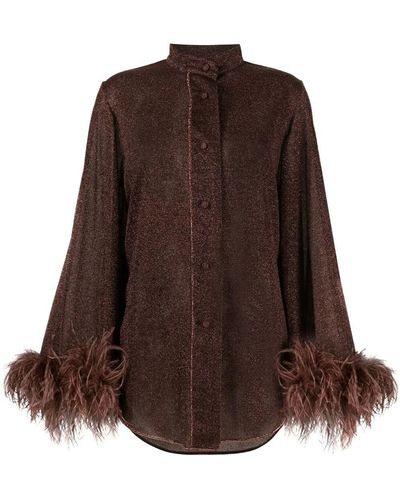 Oséree Feather-trim Detail Blouse - Brown