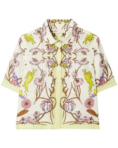 Tory Burch Botanical-print Linen Shirt - Metallic